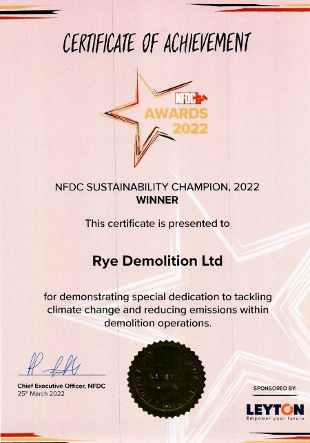 Certificate of Recognition - NFDC Sustainability Award for Rye Group